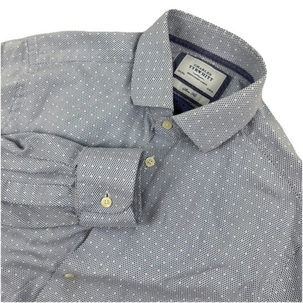 CHARLES‎ TYRWHITT Mens Long Sleeve Button Shirt Slim Fit Blue Micro Dot 16.5/35"